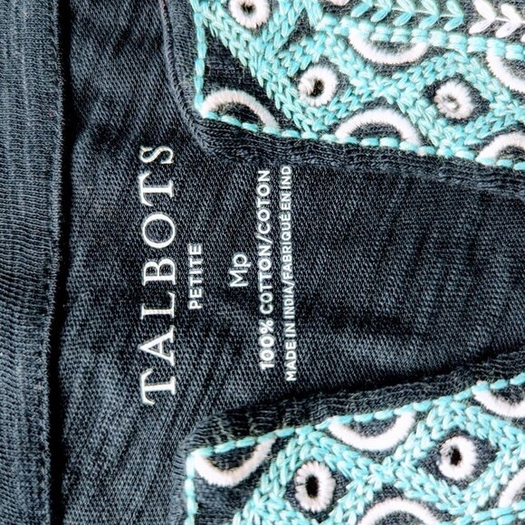Talbots Navy Embroidered Split Neck Tee - 100% Cotton - Picture 5 of 10